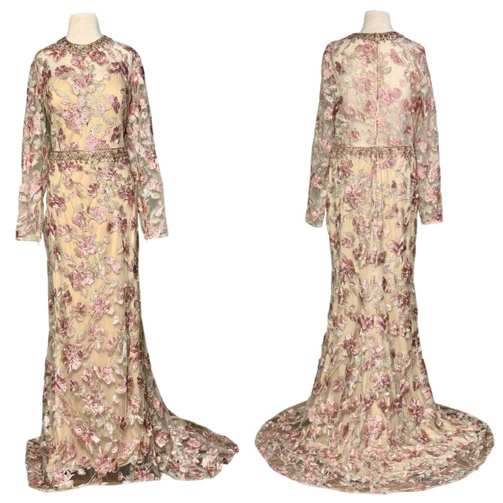 Mac Duggal Floral Embroidered Nude Rose Illusion Long Sleeve Trumpet Size 14 NEW - Picture 2 of 16